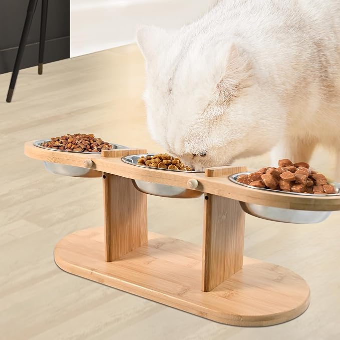 Elevated Cat Bowls - 3 Stainless Steel Cat Bowls with 15° Tilted Bamboo Stand for Indoor Cats, Small Dogs and Puppy