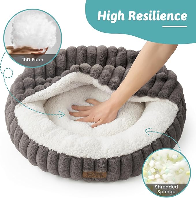 Small Dog Bed with Hooded Blanket, Round Fluffy Anti-Anxiety Pet Bed for Small Dogs & Medium Dogs, Cozy Donut Cuddler with Machine Washable Faux Fur & Anti-Slip Bottom(26"×26"×7",Grey)