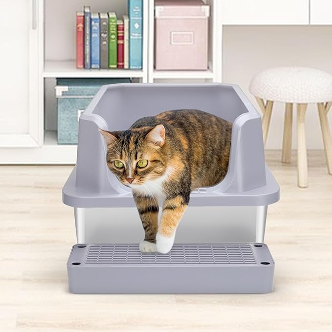 RIZZARI Large Stainless Steel Cat Litter Box: Open Top Leak-Proof Large Cat Pan - Odor Control for Indoor Multi-Cat Homes (Silver, 23.8" L*16" W*12" H)