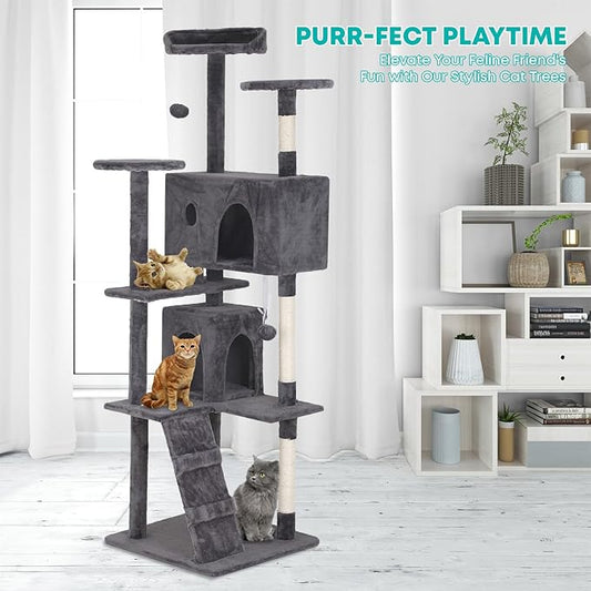 FDW Cat Tree 70in Cat Tower Multi-Level Durable Cat Scratching Post & Cozy Fun Cat Jumping Platform Space Saving Cat Condo Pet Play House for Indoor Cats,Light Gray