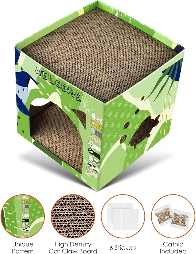 Bissap Cat Cardboard House, Large Thickened Play House with 2 Story Scratch Pads Bed Scratching Lounge for Indoor Cats Kittens Breathable Cube Shelter Corrugated Scratcher Box Toy