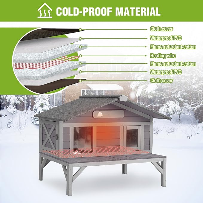 GUTINNEEN Heated Cat House for Outside Large Outdoor Insulated Cat House Weatherproof Feral Cat Shelter with Heated Pad, Insulated All-Round Thermal Liner, Chewproof Cable for 1-4 Cats (Winter-Ready)