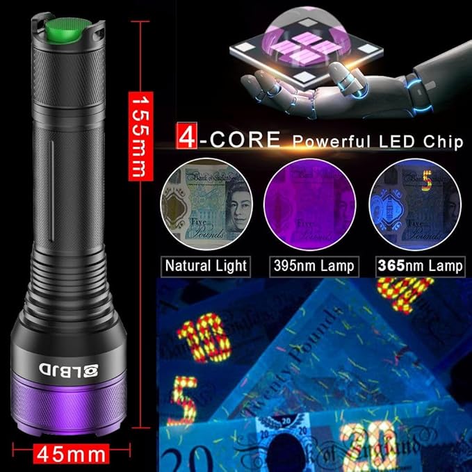 365NM UV Blacklight Flashlight, 4-core Filtered LED, High Power and Long Range Professional Grade Beam for Yooperlite Hunting, Detection of Pet Urine, Resins and Professional Applications
