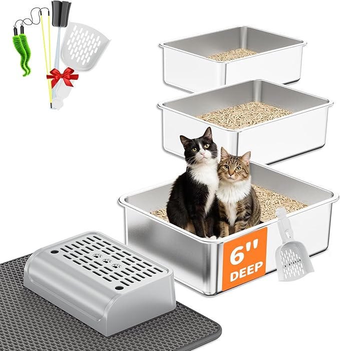 Stainless Steel Litter Box Set- [6-in-1] Cat Litter Box with Pedal, Mat, Litter Scoop, Brush, Cat Wands, Non-Sticky Metal Litter Box for Cat, Kitty, Rabbit, Odorless, Easy Clean(17.7"x13.8"x6",3 Pack)