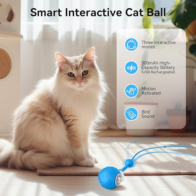 Interactive Cat Toys Ball for Indoor Cats,Automatic Kitten Toys for Bored Indoor Adult Cats,Motion Activated,USB Rechargeable (Blue)