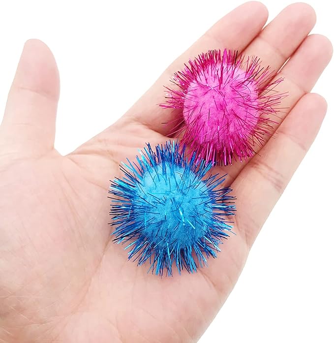 60 Pcs Cat Ball Toys, 1.8 Inch Sparkle Tinsel Glitter Pom Pom Ball Cat's Favorite Toys, Random Color