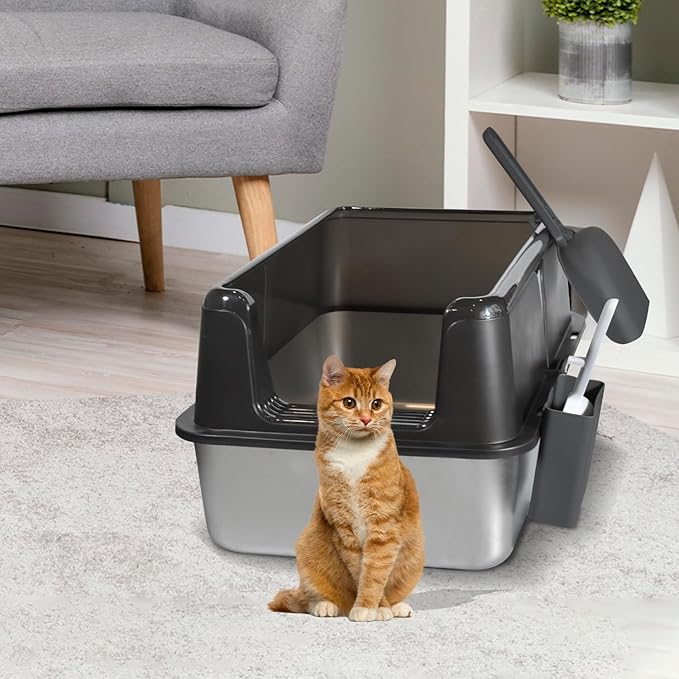 Stainless Steel Litter Box with Lid, 24" XL Extra Large High-Sided Metal Cat Litter Box for Multiple Cats,Anti-Leakage & Non-Stick, Easy to Clean, Includes 2 Scoops&Deodorizer Box, Black