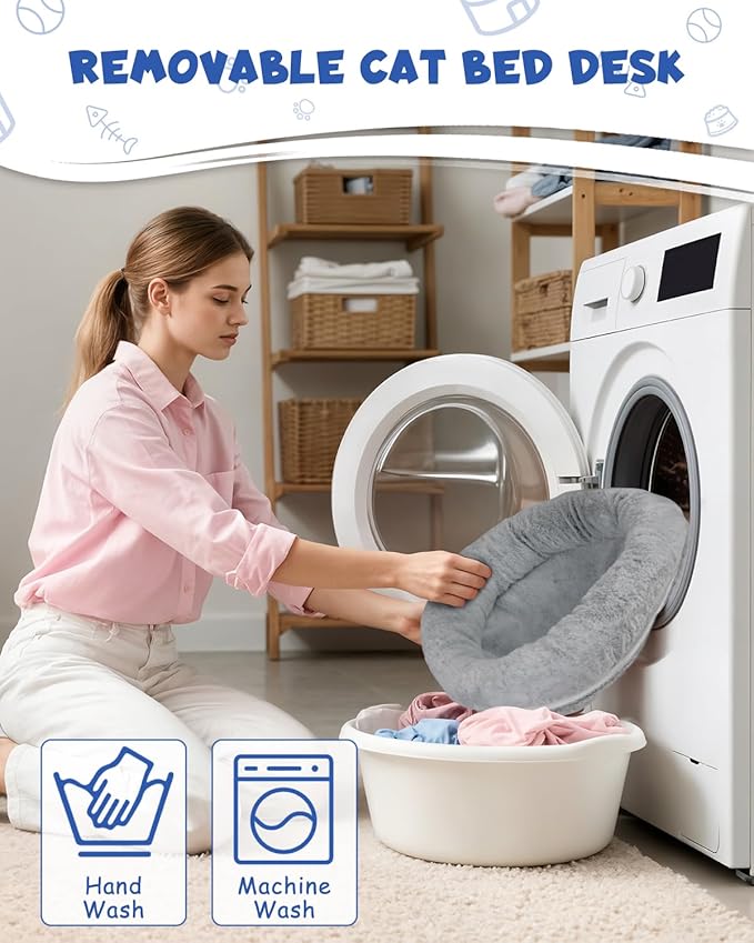 Double Cat Desk Bed, 360° Rotating Elevated Desk Cat Bed, Adjustable Raised Desk Kitten Bed Up to 80 LBS, Washable Soft Fabric Pet Desks Nest Beds, Cat Hammock Wall Mounted for Office and Game Tables