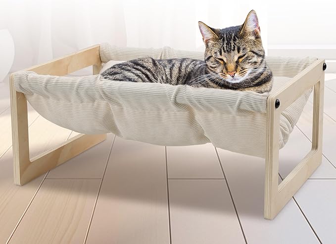 Cat Bed with Removable Washable Cushion, 9.5" Elevated Wooden Cat Hammock Bed, 360° Visibility Dog/Cat Cot with Cozy Winter Pads for Kitty, Puppy, Rabbit and All Pets