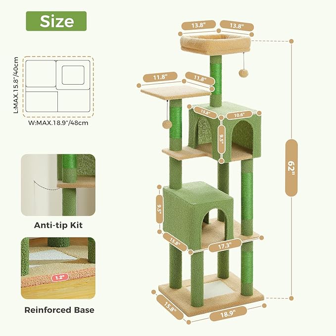 PAWZ Road Cactus Cat Tree Tower 62 Inches Cat Tree with 2 Condos,2 Large Perch,4 Scratching Posts & 1 Scratching Board, and 2 Hanging Balls for Indoor Cats