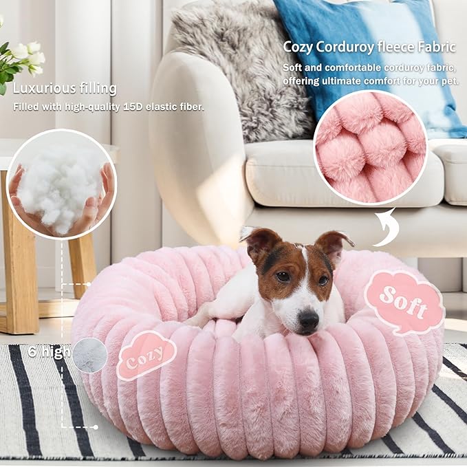 Donut Small Dog Bed Washable Cute Puppy Beds with Corduroy Fleece & Anti Slip Bottom, Round Faux Fur Pet Snuggle Beds for Large Cat, Pink, Small Breed 23x23x6 inches