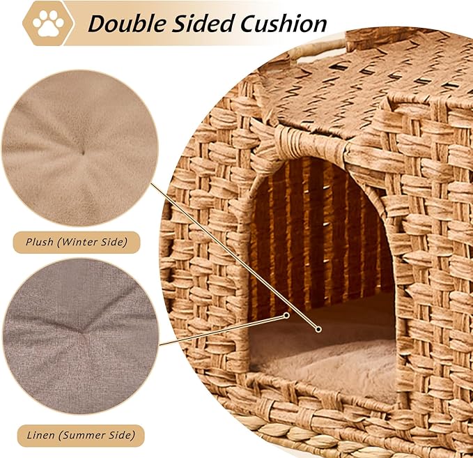 Cat Houses for Indoor Cats, Handwoven Rattan Cat Cave Pet Cube,Foldable Pet Cat House, Cat Beds with Double-Sided Mat, Hideaway, in Living Room Bedroom
