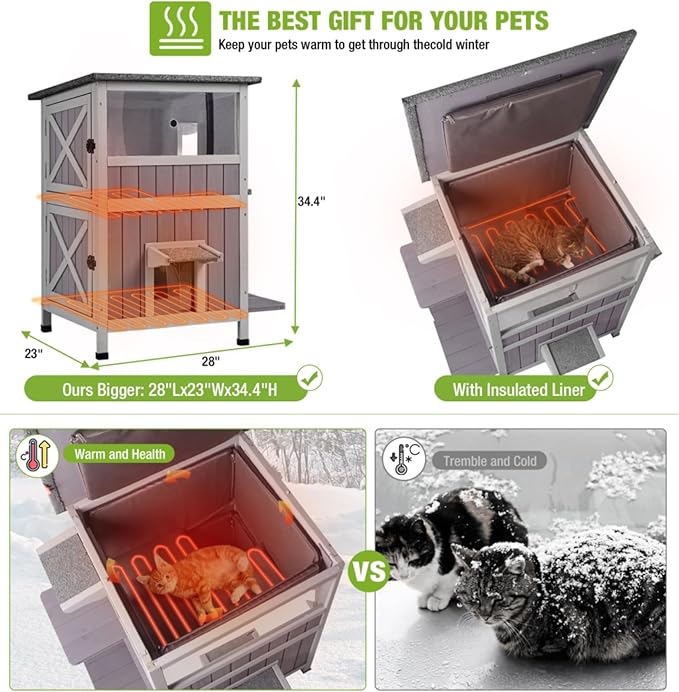 GUTINNEEN Heated Outdoor Cat House Insulated Weatherproof Outside Feral Cat Shelter for Winter with Heater and Insulated Liner Two Story, 28" L x 23" D x 34.4" H