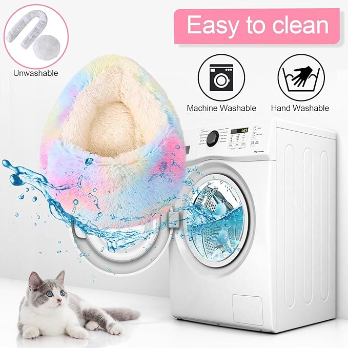 Calming Dog Beds & Cat Cave Bed with Hooded Cover,Removable Washable Round Beds for Small Medium Pets,Anti-Slip Faux Fur Fluffy Coved Bed for Improved Sleep,Fits up to 15/25 lbs(Colorful,M)