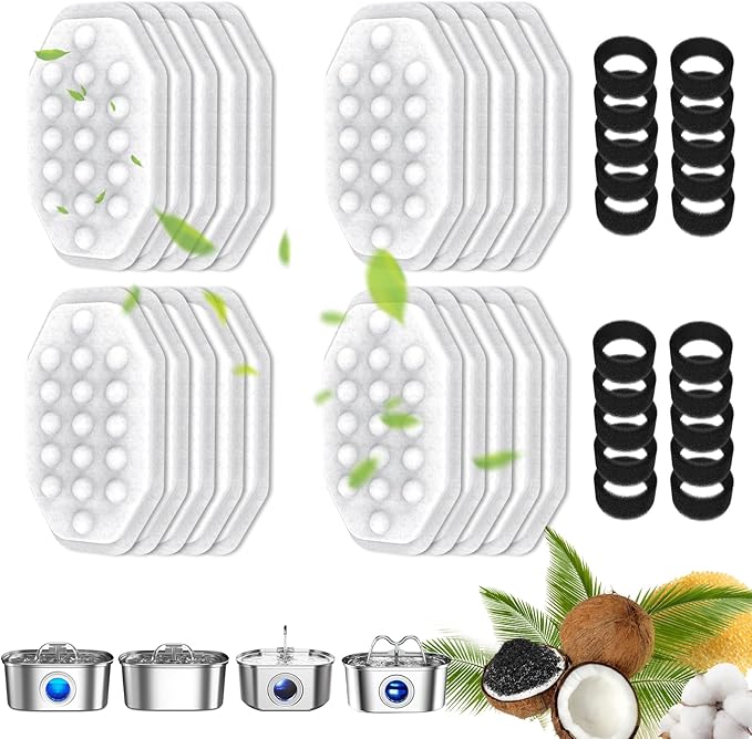 40 Packs for Cat Water Fountain Filters Replacement, Compatible with Neareal 108oz/3.2L Cat Fountain for Drinking Dog Water Dispensers (20 Replacement Water Filter + 20 Pre-Filter Sponges)