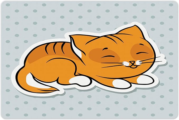 Lunarable Cat Pet Mat for Food and Water, Sleeping Kitten on Polka Dots Background Theme Graphic, Non-Slip Rubber Mat for Dogs and Cats, 18" X 12", Marigold Orange