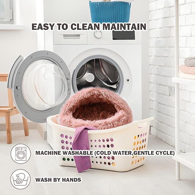 Cat Bed for Indoor Cats, Calming Cozy Cave with Self-Warming Plush, Entire Bed Machine Washable & Anti-Slip Base, Breathable Pet Bed for Small Cats&Dogs All Seasons (Leather Pink, 20 * 20inch)