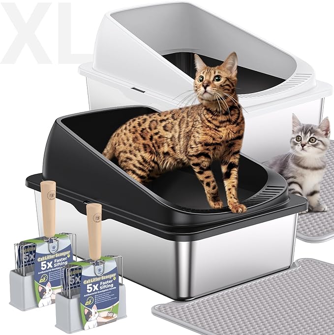 Stainless Steel Cat Litter Box with Scoop, Metal Litter Box High Sided, Cat Litter Box Enclosure, XL Extra Large High-Sided Litter Boxs (Anti-Urine Leakage, Include Scoop) (Black＆White)