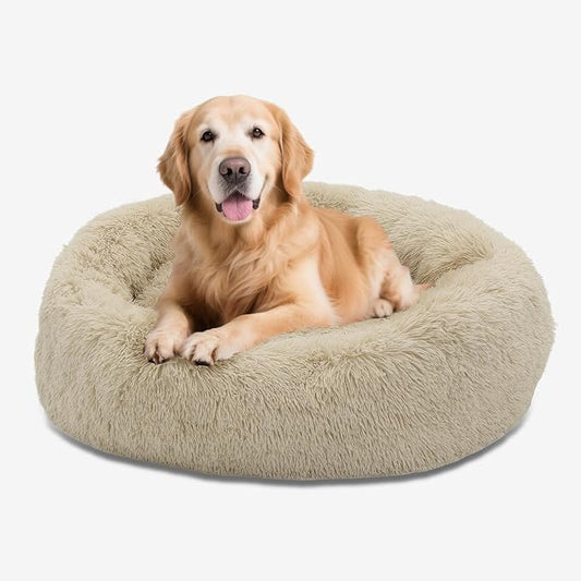 Athena Collection Washable Dog Bed Large Size Dog, Cat Bed for Indoor Cats, 36 Inches Fluffy Faux Fur Round Pet Bed Calming Cozy Soft Warming Donut for Large Size Pet, Beige