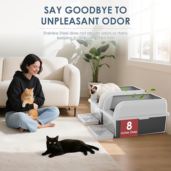 2 Pack 8" Deep Stainless Steel Litter Box with Lid, Extra Large & Deep Stainless Steel Cat Litter Box for Multipul Cats, Metal Litter Pan with Anti-Leakage High Wall, Litter Pan Easy Cleaning