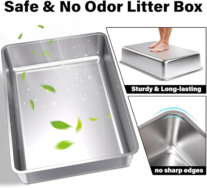 Stainless Steel Litter Box, 28" X 20" X 6" Steel Litter Box XXL No Smell, Extra Large Metal Litterbox for Big Cat, Multiple Cats, Non Stick, Easy Cleaning