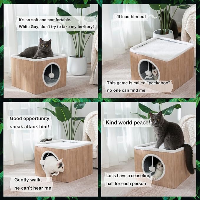 LUCKITTY Cat Condo House with Reversible Cushions and Fluffy Ball Hanging, Foldable Cat Cube, Large Cave Bed for Indoor Kittens, Brown Wood Grain Pattern