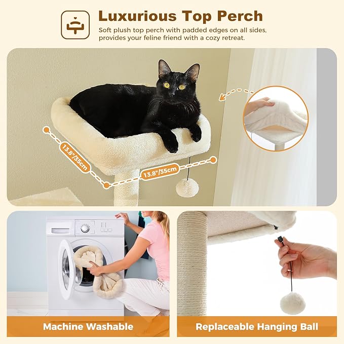 PAWZ Road Cat Tree Tower 62 Inches Cat Tree with 2 Condos,2 Large Perch,4 Scratching Posts & 1 Scratching Board, and 2 Hanging Balls for Indoor Cats-Beige