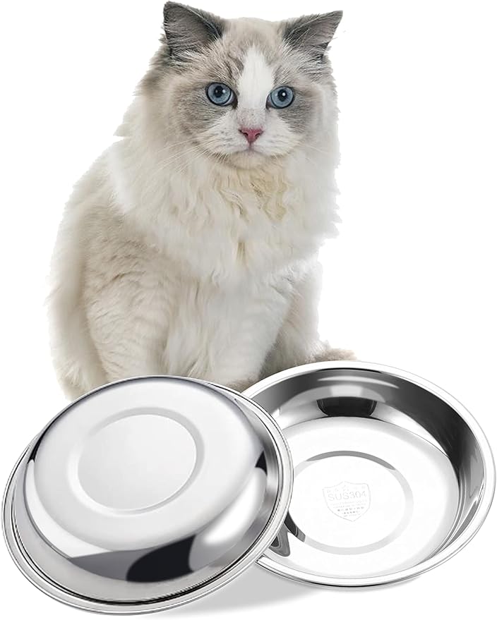 VENTION Big Shallow Cat Food Bowls, Outer Dia. 10.6 in Whisker Fatigue Cat Bowl, Stainless Steel Cat Food Dish for Indoor Cats, Set of 2 Replacement Cat Bowls for Raised Station(60.9 Fl.oz)