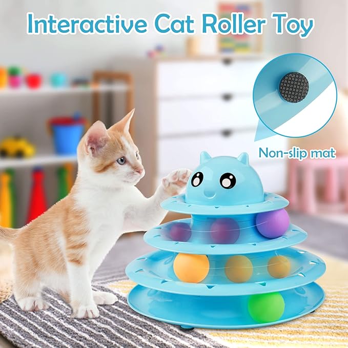 UPSKY 20 PCS Cat Roller Toy 3-Level Turntable for Indoor Cats - Kitten Set With Teaser, Mice, Spring, and Various Ball Toys