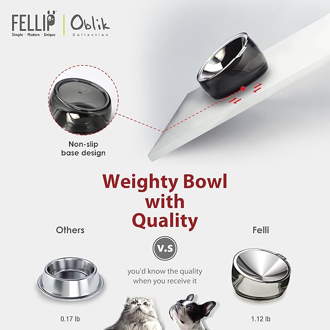 Felli Pet Oblik Whisker Fatigue Cat Food Bowl Raised Stainless Steel Shallow Dish, Pet Friendly Design Anti Vomit Tilted Metal Plate Feeder Elevated Acrylic Base for Treats Storage (0.5 Cups, Smoky)