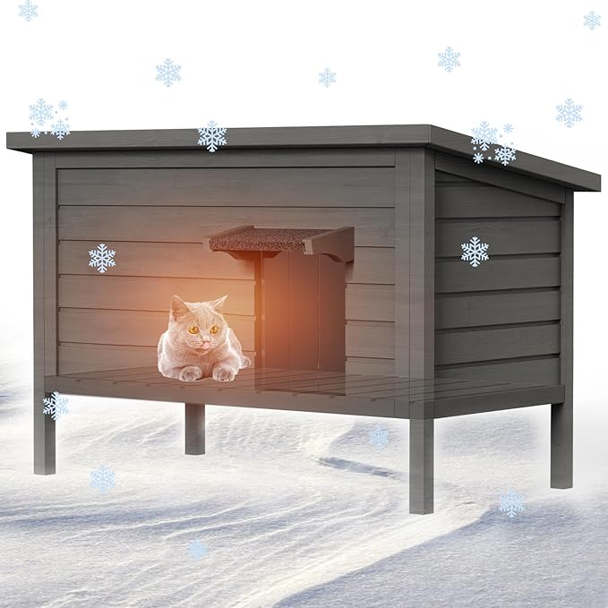 Outdoor Cat House for Winter Waterproof Feral Cat House, All-Round Foam Insulated and Thermostatic Large Outdoor Cat Shelter, Solid Wood Cat Condos for Multiple Cats 34.4 "L * 21.7" W * 27.2"H