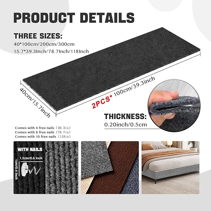 Cat Scratching Climbing Carpet Mat, Adhesive Trimmable Cat Post Covered Pad Replacement for DIY Cat Tree Shelf Couch Corner Wall Cat Scratcher Furniture Protector (Black, 78.7x15.8In)