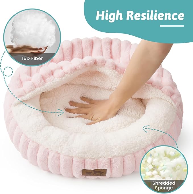 Small Dog Bed with Hooded Blanket, Round Fluffy Anti-Anxiety Pet Bed for Small Dogs & Medium Dogs, Cozy Donut Cuddler with Machine Washable Faux Fur & Anti-Slip Bottom(26"×26"×7",Pink)