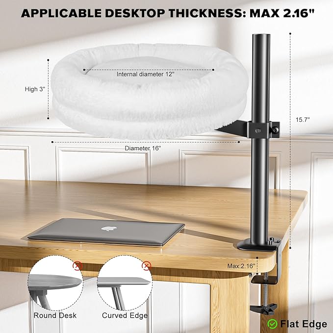 Cat Desk Bed, Supports Up to 50 lbs, Comfortable Soft Perch, Nest Bed Attachment Round Cat Hammock for Desk 360° Rotating & Adjustable Height (White)