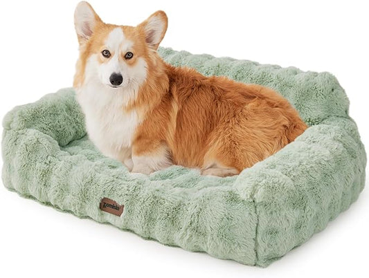 Green Dog Bed for Large Dogs-Orthopedic Dog Couch Bed with Supportive Egg Foam, Fluffy Faux Fur Pet Sofa with Removable Washable Cover and Non-Slip Bottom