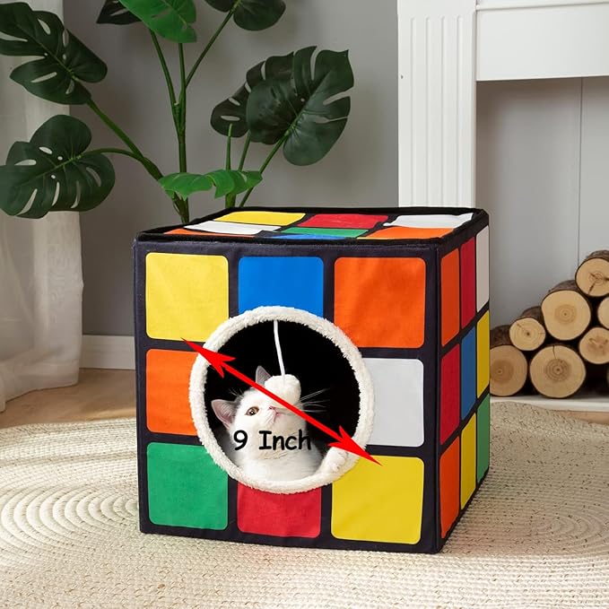 LUCKITTY Cat Condo House with Reversible Cushions and Fluffy Ball Hanging, Foldable Magic Cube, Large Cave Bed for Indoor Cats, Unique Puzzle Shape Lagre 16.5“ x 16.5" x 16.5”