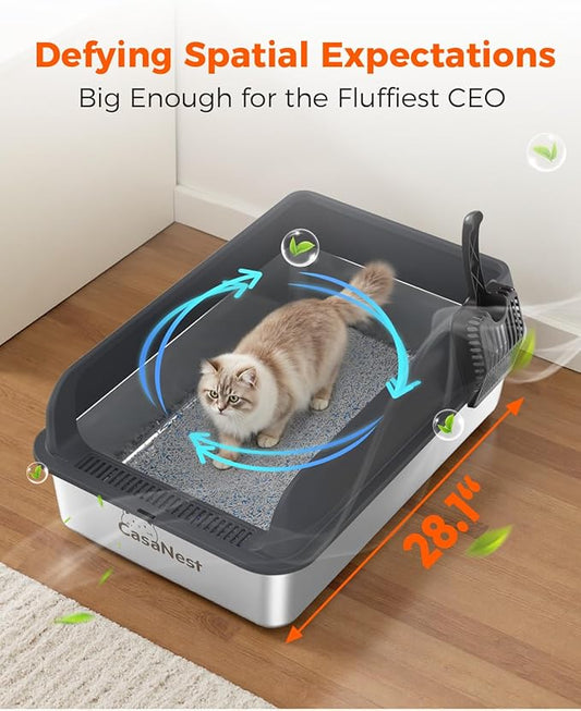 XXXL Stainless Steel Cat Litter Box with Lid 28.1''×20.5''× 10.1” Extra Large Metal Cat Litter Box for Big, Multi Cats, Anti-Leakage & Non-Stick Metal Pan, Easy to Clean, Durable (Black