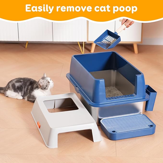 Enclosed Stainless Steel Litter Cat Box with Lid for Big Cats, Top Entry Covered Jumbo Metal Tray, Extra Large, High Sides, Durable, Anti Leakage, Odorless, Non-Sticky, FOXORU
