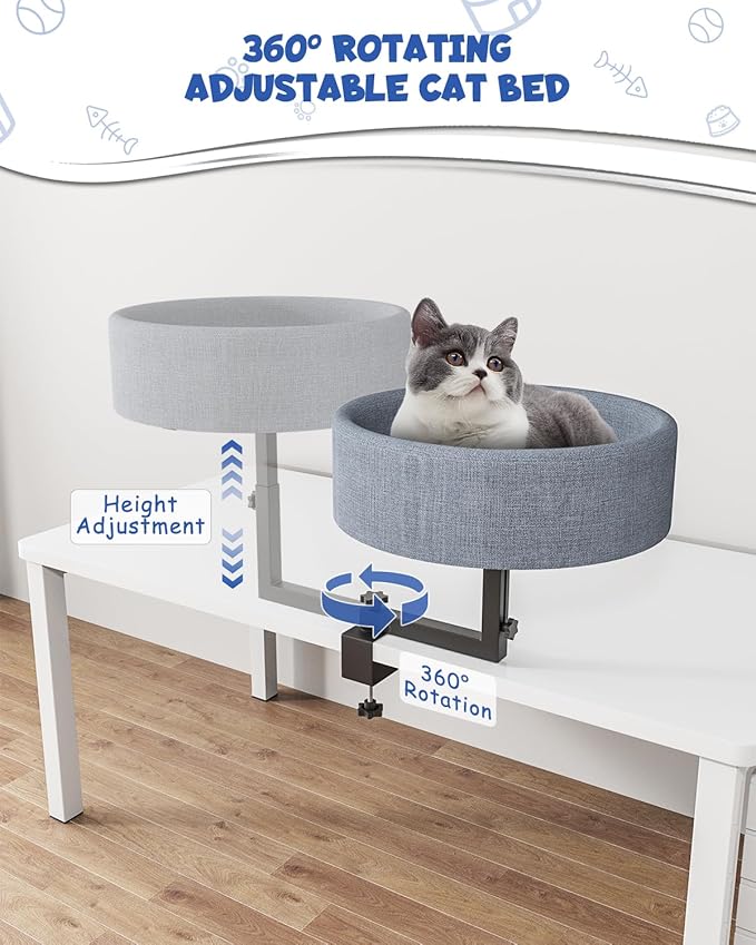Cat Desk Bed, 360° Rotating Elevated Desk Cat Bed, Adjustable Desk Kitten Bed Up to 55 LBS, Washable Soft Fabric Pet Desks Nest Beds, Modern Indoor Cat Nest Furniture for Home, Office, Study and Room