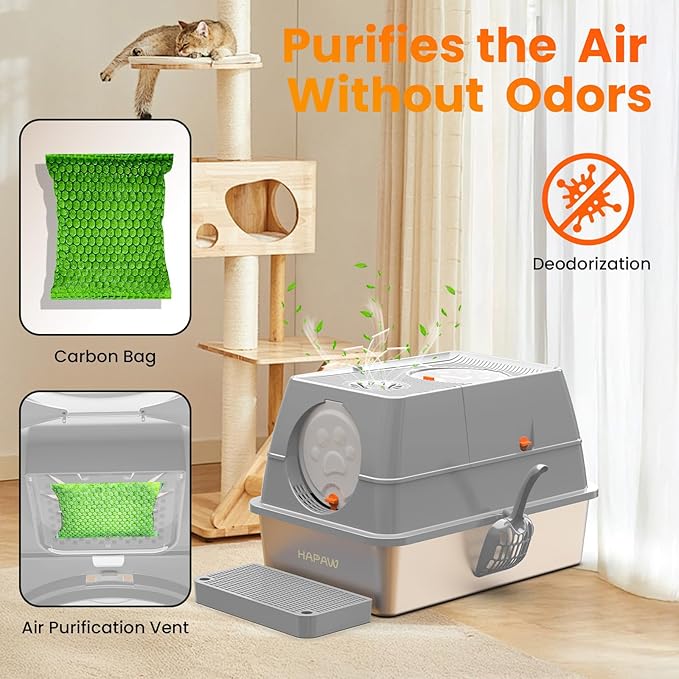 Stainless Steel Litter Box with Lid, 135° Flip-Top Extra Large Cat Litter Pan, Enclosed Metal Litter Box with Litter Scoop & Filter Pedal,Odor Free, Front & Top Dual Entry