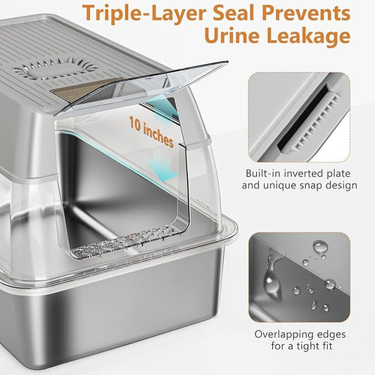 Stainless Steel Cat Litter Box with Lid, XL Extra Large Litter Box for Big Cats, Enclosed Removable Metal Litter Boxs with High Sided Enclosure & Scoop, Anti-Leakage, Non-Sticky, Easy Cleaning(Grey)