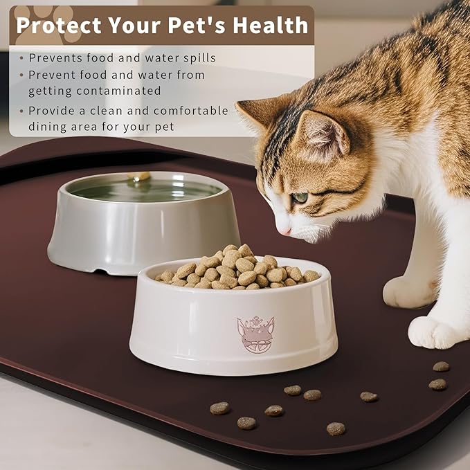 Silicone Pet Feeding Mat with Raised Edge & Residue Collection Pocket for Food and Water, Dog Bowl Mats, Cat Bowls Placemat with High Lip for Floor Waterproof, 19 x 12 x 0.7 Dark Brown