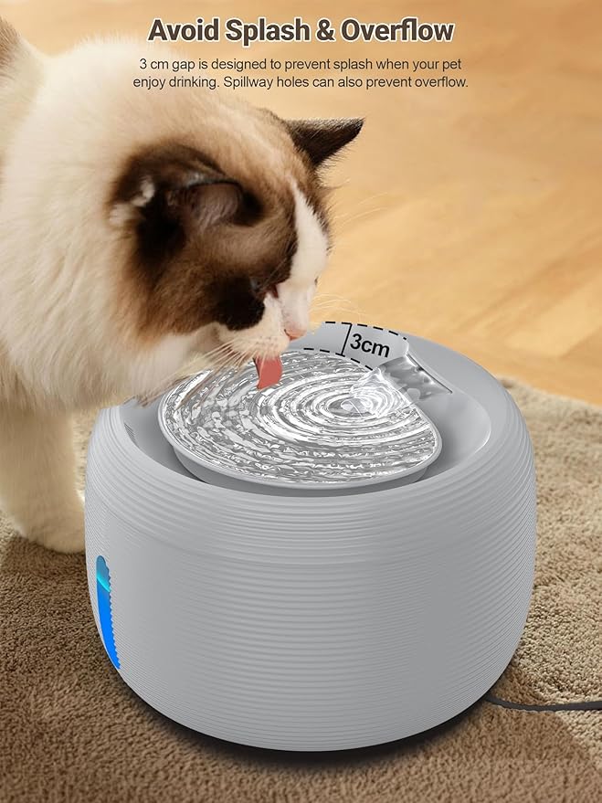 SIBAYS 3.5L/118oz Large Capacity Cat Water Fountain, Automatic Quiet Pet Water Fountain for Cats Indoor Cat Drinking Fountain, Dog Water Bowl Dispenser with LED Light & Water Level Window(FS77, Grey)
