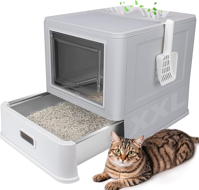 ELEGX Odor-Control Drawer Design Stainless Steel Cat Litter Box,XL Large 4-in-1 Cat Metal Litter Box Set,Extremely Easy to Clean,Enclosed Removable Metal Litter Box with High Sided Enclosure