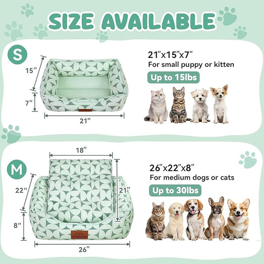 Rectangle Cat Dog Bed for Large Medium Small Pets Indoor Outdoor Machine Washable Sleeping Sofa Non-Slip Bottom Soft Puppy Bed Durable Orthopedic Calming Pet Cuddler (Medium, Green Pattern)