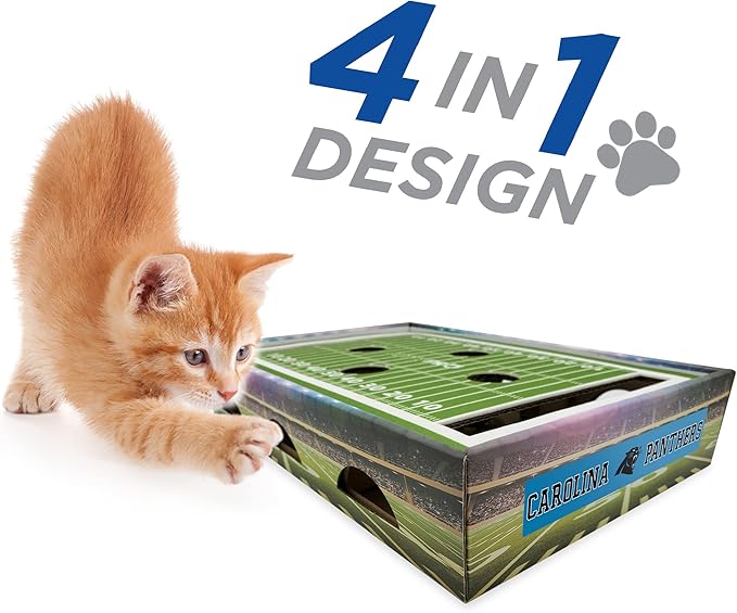 NFL Carolina Panthers Football Stadium Cat Scratcher Find & Play Box With 2 Jingle Bell Balls - Game Day Toy, Field Felt Scratcher, Play and Lounge Stimulating Game