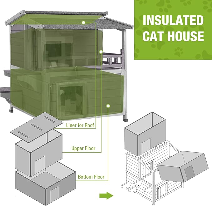 Cat House Outdoor 100% Insulation Feral Kitty Shelter with Insulated Liner for Winter,Waterproof Heated Cat Condo…