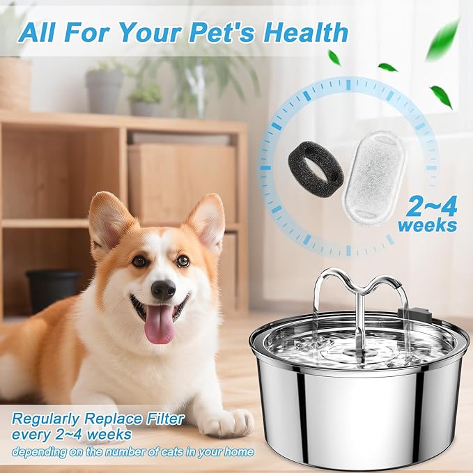 Cat Water Fountain Filter Replacement, 8 Pcs Pet Water Fountain Filters with 8 Pcs Sponges Foam for 67oz/2L & 108oz/3.2L Stainless Steel Automatic Cat Water Fountain Dispenser Filters