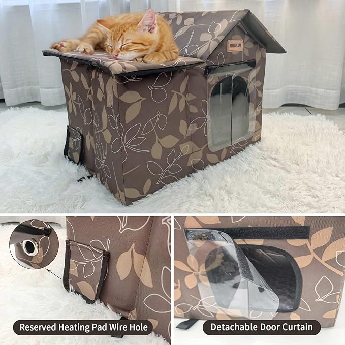 Indoor and Outdoor Cat House - Large Cat Hole, Insulated and Weatherproof Resistant Outdoor Wildcat House ，Foldable Cat Hideaway，19.5x17.5x13.5 inches, Brown