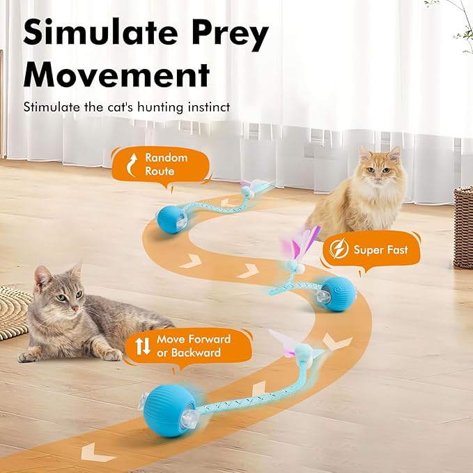 2 Packs Speed Tail 2.0 Interactive Cat Toys for Indoor Cats, Automatic Moving Cat Toy with Elastic Mesh Tail, Rechargeable Cats Ball for Enrichment Exercise